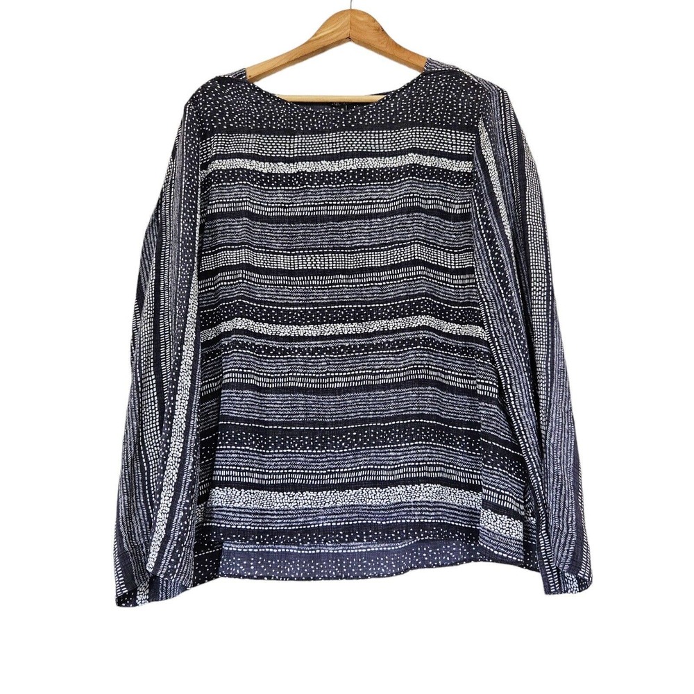 Nic + Zoe Womens Silk Long Sleeve Blouse Size XL Striped Polka Dot Navy
